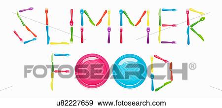 SUMMER FOOD written with plastic cutlery and plates View Large Photo Image Stock Photo - SUMMER FOOD written with plastic cutlery and plates. Fotosearch