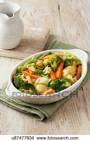 Picture - Vegetable selection consisting of broccoli, carrots, new potatoes and cabbage in white serving dish on green cloth. Fotosearch