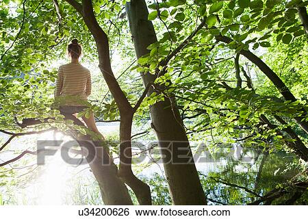 Stock Photograph - Woman sitting in tree. Fotosearch