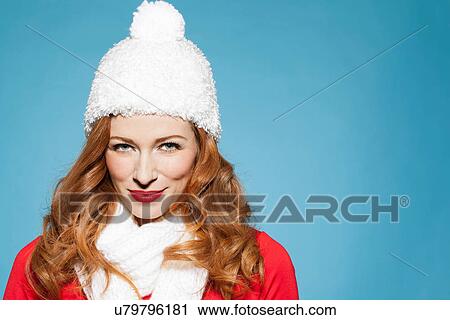 Woman Wearing White Bobble Hat Stock Image U79796181 Fotosearch