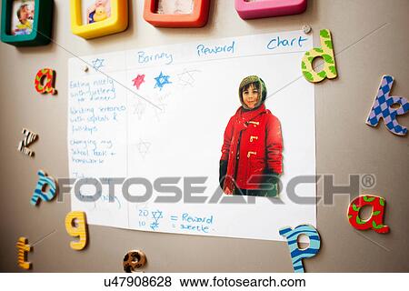 Childhood photographs and rewards chart on wall View Large Photo Image Stock Photo - Childhood photographs and rewards chart on wall. Fotosearch