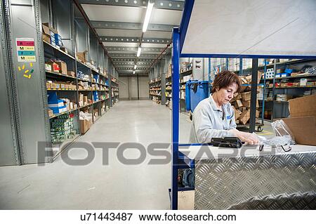Stock Photo - Female warehouse worker preparing orders on delivery trolley. Fotosearch