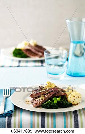 Steak, potatoes, broccoli and dressing View Large Photo Image Stock Photography - Steak, potatoes, broccoli and dressing. Fotosearch