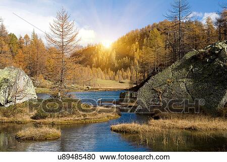 Stock Image - Sunlight over stream in Alp Devero, Alpi, Piedmont, Italy. Fotosearch
