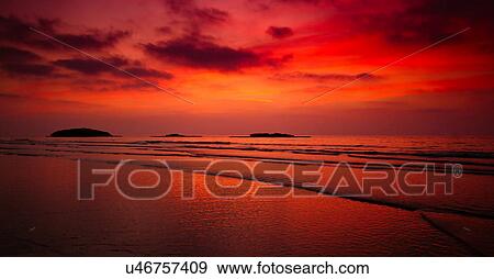 Stock Photo - Sunset over sea, Kibbutz Maagan Michael, Israel. Fotosearch