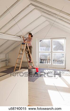 Woman on stepladders painting white ceiling View Large Photo Image Stock Photography - Woman on stepladders painting white ceiling. Fotosearch