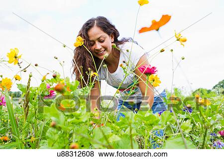 Stock Photo - Young woman gardening in allotment. Fotosearch