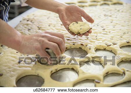 Stock Photo - Baker cutting out fruit scones, close up. Fotosearch