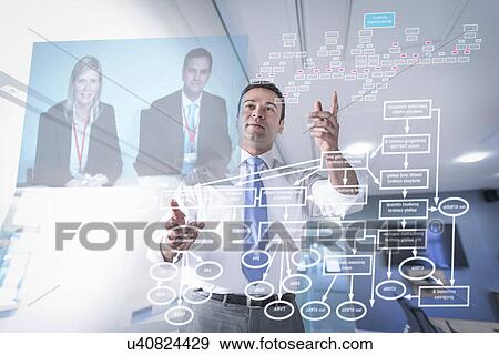 Stock Photo - Businessman in video conference, view through screen. Fotosearch