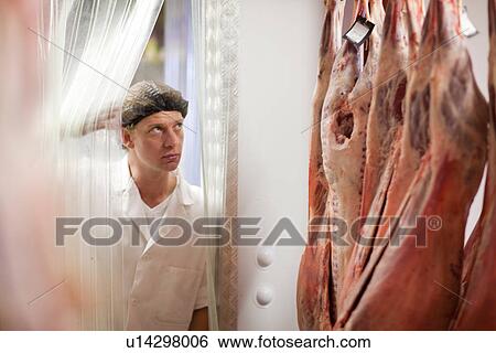 Stock Photograph - Butcher in walk in freezer. Fotosearch