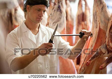 Butcher sharpening knife View Large Photo Image Stock Image - Butcher sharpening knife. Fotosearch