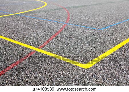 Coloured lines on basketball court View Large Photo Image Stock Photo - Coloured lines on basketball court. Fotosearch