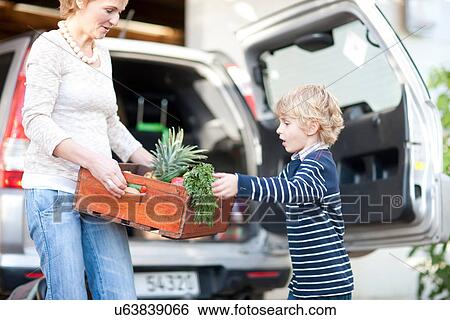 Mother and son carrying box of plants View Large Photo Image Stock Photograph - Mother and son carrying box of plants. Fotosearch