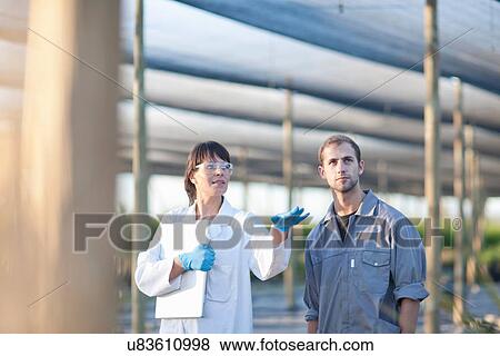 Stock Photo - Scientist and worker in plant nursery. Fotosearch