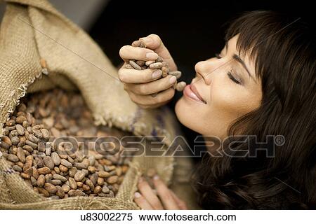 Woman smelling cocoa beans View Large Photo Image Stock Photography - Woman smelling cocoa beans. Fotosearch