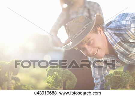 Stock Photo - Young man working on vegetable farm. Fotosearch