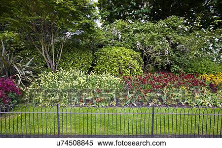 Flower bed and grass behind small fence View Large Photo Image Stock Photography - Flower bed and grass behind small fence. Fotosearch