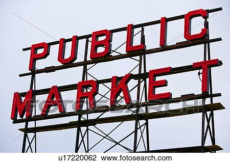 Stock Image - Public Market sign at Seattle fish markets. Fotosearch