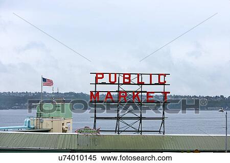Public Market sign at Seattle fish markets View Large Photo Image Stock Photography - Public Market sign at Seattle fish markets. Fotosearch