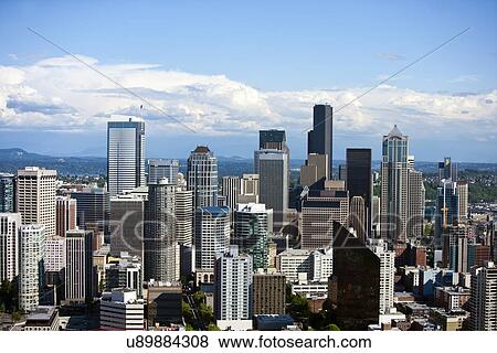 Stock Photo - View from Space Needle, Southeast to Financial district of Seattle. Fotosearch