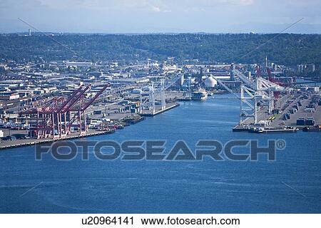 Stock Image - View from Space Needle to dock area, Seattle. Fotosearch