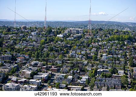 Stock Image - View of Seattle and radio towers from Space Needle. Fotosearch