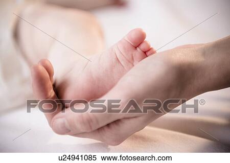 Stock Photography - Close up of mother's hand holding tiny foot of baby girl (6-11 months). Fotosearch