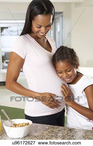Daughter Listening To Pregnant Mother's Stomach View Large Photo Image Stock Photo - Daughter Listening To Pregnant Mother's Stomach. Fotosearch
