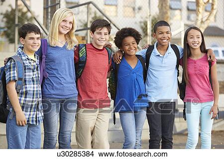 Picture - Group of Elementary Pupils Outside Classroom . Fotosearch