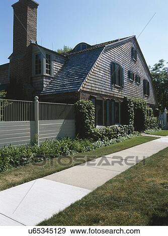 Bahn, führen, to, haus, mit, backsteinmauern, und, schornstein Stock