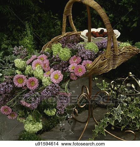 Basket of assorted flowers with a dish of raspberries View Large Photo Image Picture - Basket of assorted flowers with a dish of raspberries. Fotosearch