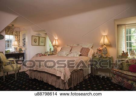 Bedroom Cottage Style Pale Pink Colors Flea Market Finds Black Patterned Rug Slanted Walls Picture