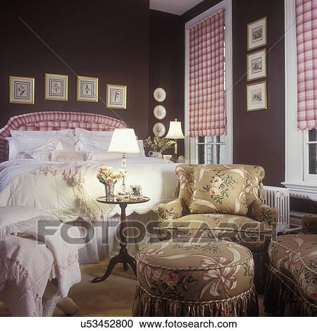 Bedrooms Master Bedroom With Brown Walls Pink Plaid Shades And Headboard White Bedding White Trim Taupe Upholstered Arm Chairs And Round