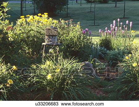 Birdhouse surrounded by flower plants in garden View Large Photo Image Stock Image - Birdhouse surrounded by flower plants in garden. Fotosearch