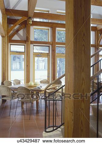 Breakfast Area 18 Foot Ceiling Natural Wood Beams And Wood Trim