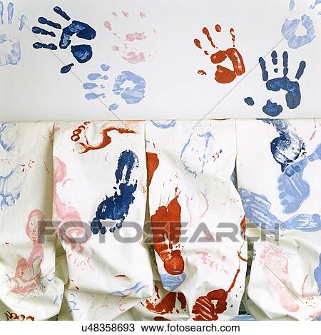 CHILDREN'S BEDROOM: Bedspread with hand and foot print patterns. View Large Photo Image Stock Image - CHILDREN'S BEDROOM: Bedspread with hand and foot print patterns.. Fotosearch
