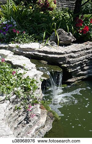 Stock Photograph - Close-up of flowing water to pond in garden. Fotosearch