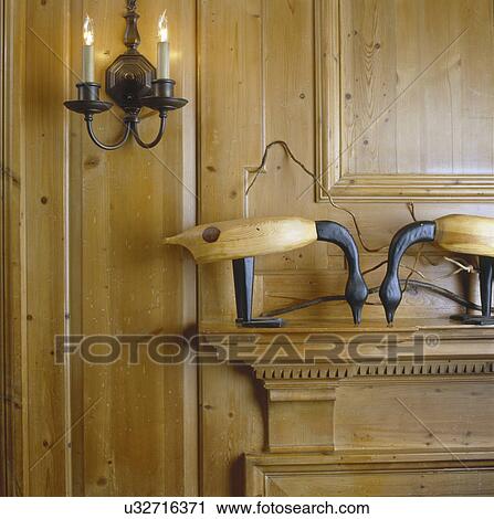 Close Up Trim Work Around Wooden Fireplace Mantel Stock Image