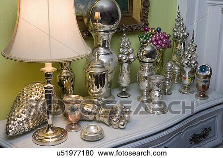 COLLECTION DISPLAY: Mercury glass vases, ornaments, on table top, View Large Photo Image Stock Image - COLLECTION DISPLAY: Mercury glass vases, ornaments, on table top,. Fotosearch