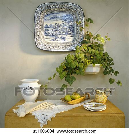 Picture - COLLECTION DISPLAYS: Still life, blue and white platter on wall, cr? me jug, lace, pears, . Fotosearch