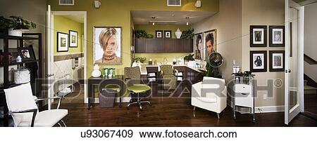 Contemporary hair salon with hardwood floors; panoramic; Aliso Viejo; California; USA View Large Photo Image Stock Photo - Contemporary hair salon with hardwood floors; panoramic; Aliso Viejo; California; USA. Fotosearch
