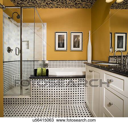 Stock Image - Contemporary Orange Bathroom with Black and White Tile; Aliso Viejo; California; USA. Fotosearch
