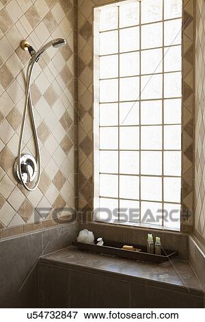 Contemporary tile shower; Burbank; California; USA View Large Photo Image Stock Photo - Contemporary tile shower; Burbank; California; USA. Fotosearch