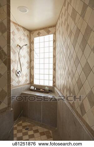 Contemporary tile shower; Burbank; California; USA View Large Photo Image Stock Photograph - Contemporary tile shower; Burbank; California; USA. Fotosearch
