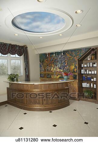 DAY SPA: Front desk area of day spa, circular ceiling disk faux painted clouds, wall mural of Italian garden, taffeta swag drapes, shelves filled with salon spa, marble floor View Large Photo Image Stock Image - DAY SPA: Front desk area of day spa, circular ceiling disk faux painted clouds, wall mural of Italian garden, taffeta swag drapes, shelves filled with salon spa, marble floor. Fotosearch