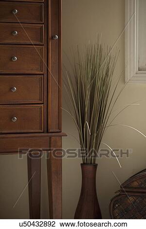 Stock Image - Decorative plant next to wooden cabinet; Victorville; California; USA. Fotosearch