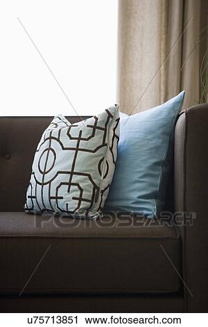Stock Photography Of Detail Blue Throw Pillows On Chocolate Brown Detail Blue Throw Pillows On Chocolate Brown Sofa Oxnard California Usa