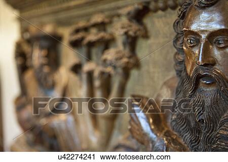 Stock Image - Detail carvings in wood; Irvine; California; USA. Fotosearch