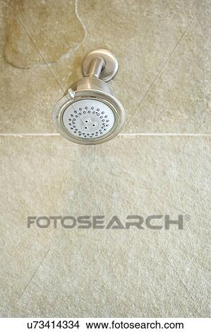 Picture - Detail showerhead in tile shower; Cardiff by the Sea; California; USA. Fotosearch