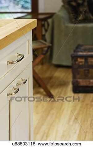 Detail wooden countertop and white cabinets View Large Photo Image Stock Photograph - Detail wooden countertop and white cabinets. Fotosearch
